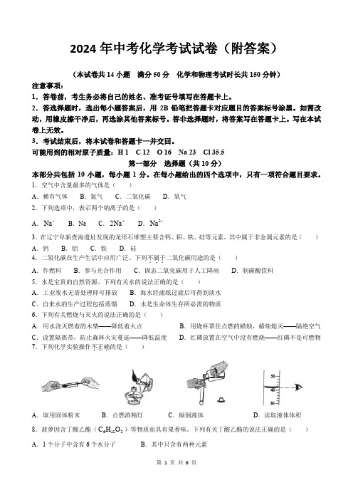 2024年中考化学考试试卷(附答案)