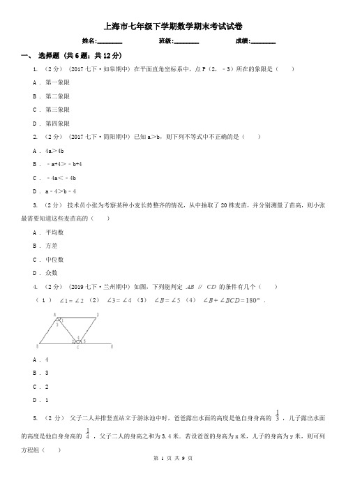 上海市七年级下学期数学期末考试试卷