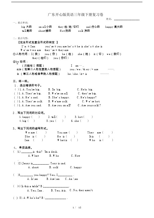 广东开心版英语三年级的下册的复习模板计划卷.doc