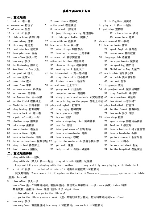 小学五年级英语下册知识点归纳总结