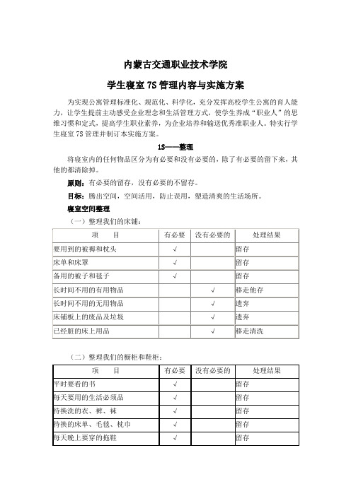 内蒙古交通职业技术学校寝室7S管理内容与实施方案