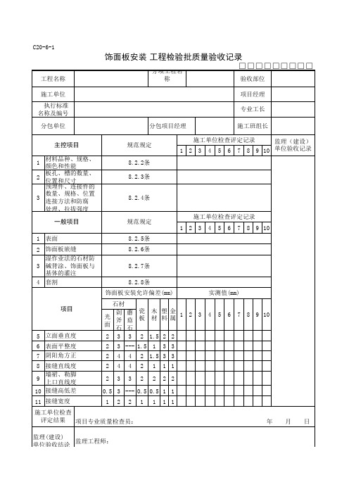 饰面板安装工程检验批质量验收记录