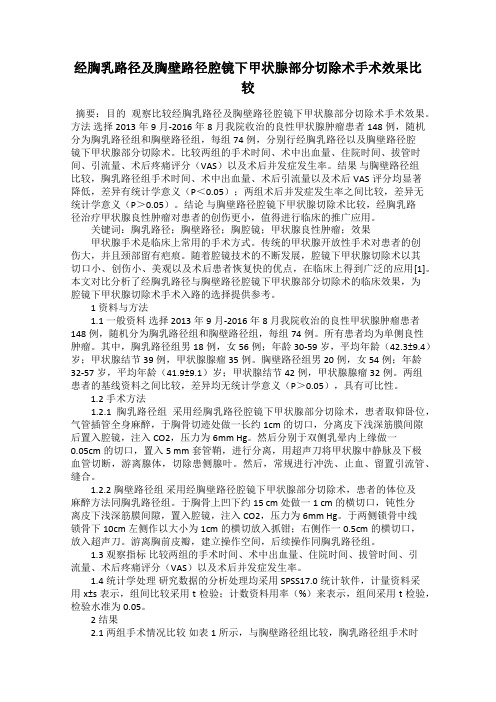 经胸乳路径及胸壁路径腔镜下甲状腺部分切除术手术效果比较