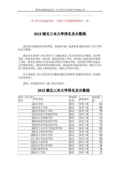 【最新2018】201X湖北三本大学排名及分数线-实用word文档 (2页)