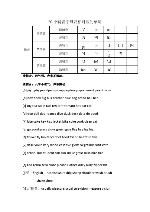 辅音20个(包含相对的单词)