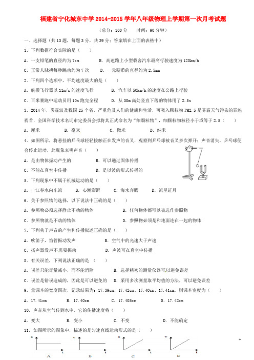 福建省宁化城东中学八年级物理上学期第一次月考试题(无答案)新人教版