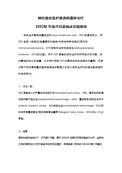 神经重症监护患者的液体治疗： ESICM专家共识及临床实践推荐