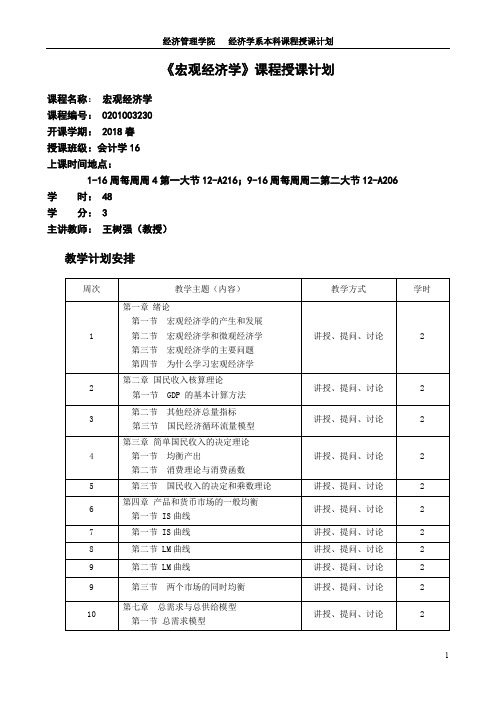 宏观经济学课程授课计划