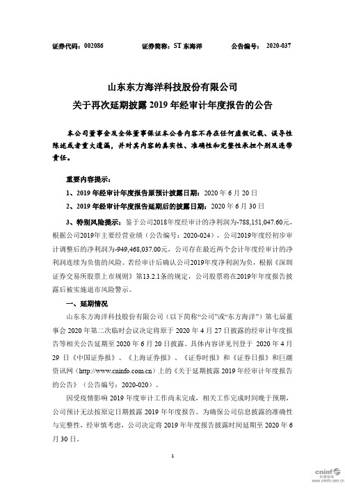 ST东海洋：关于再次延期披露2019年经审计年度报告的公告