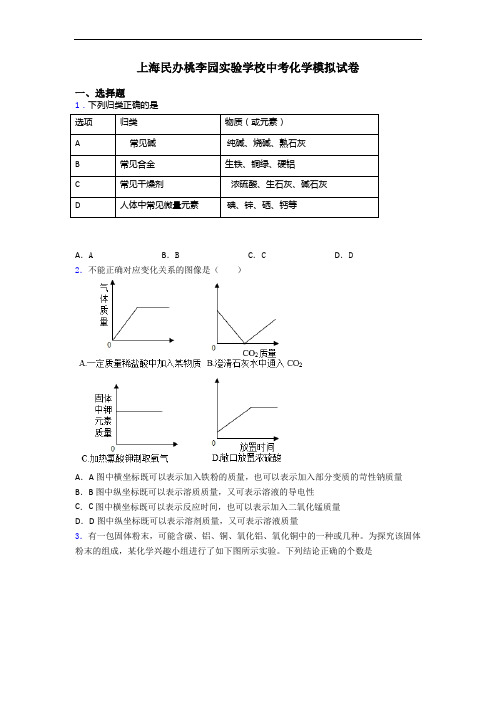 上海民办桃李园实验学校中考化学模拟试卷