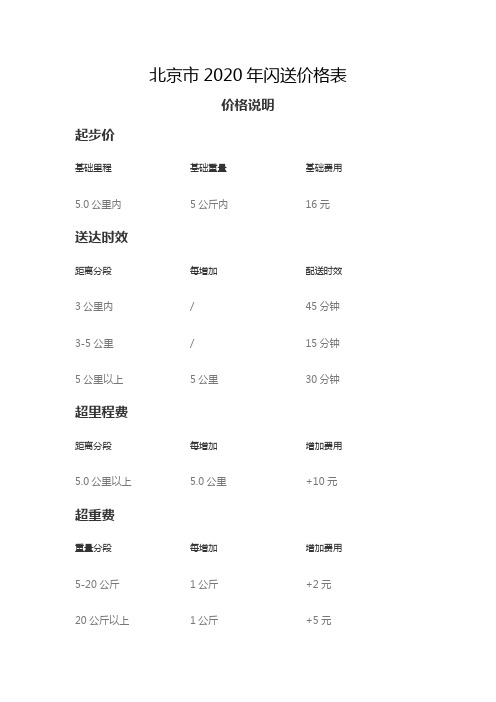 2020年北京市闪送收费标准价格表