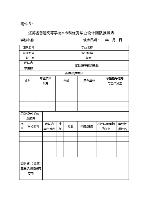 江苏省普通高等学校本专科优秀毕业设计团队推荐表