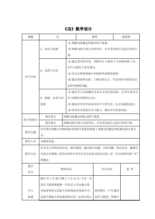 初中物理_《功》教学设计学情分析教材分析课后反思