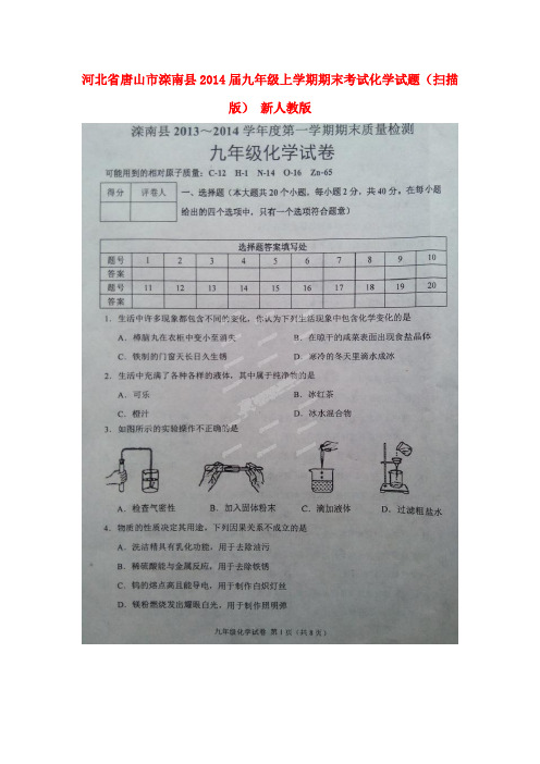 河北省唐山市滦南县九年级化学上学期期末考试试题(扫描版) 新人教版