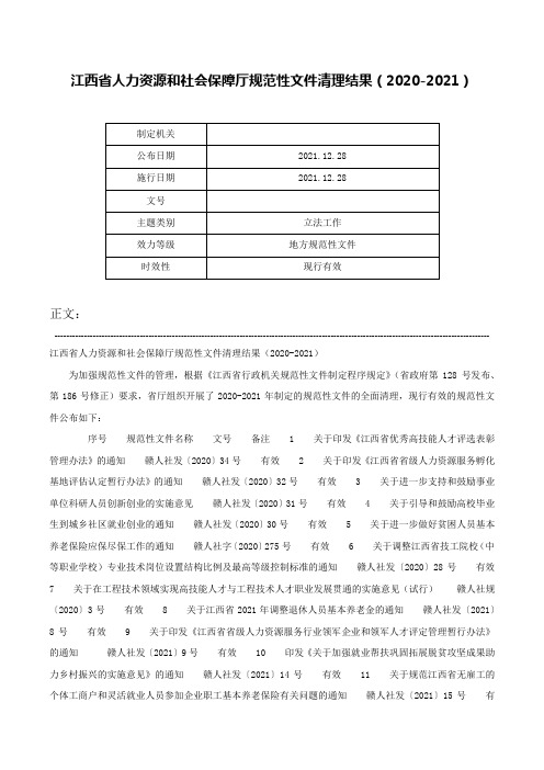 江西省人力资源和社会保障厅规范性文件清理结果（2020-2021）-