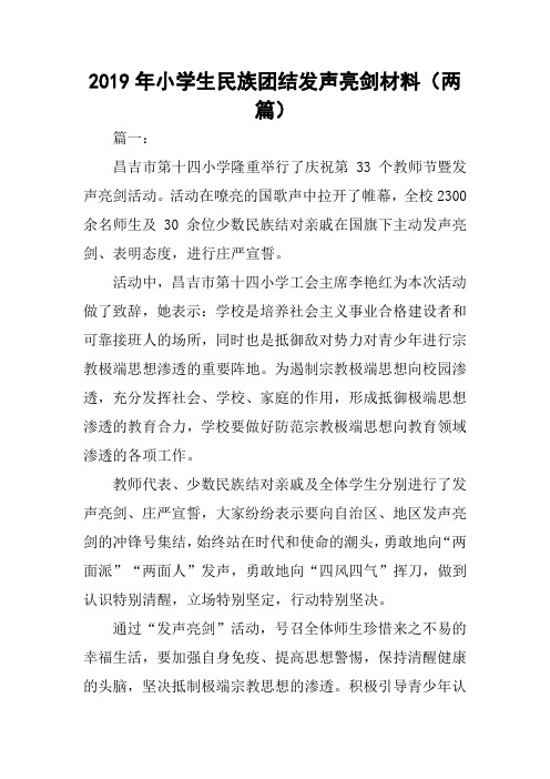2019年小学生民族团结发声亮剑材料(两篇)
