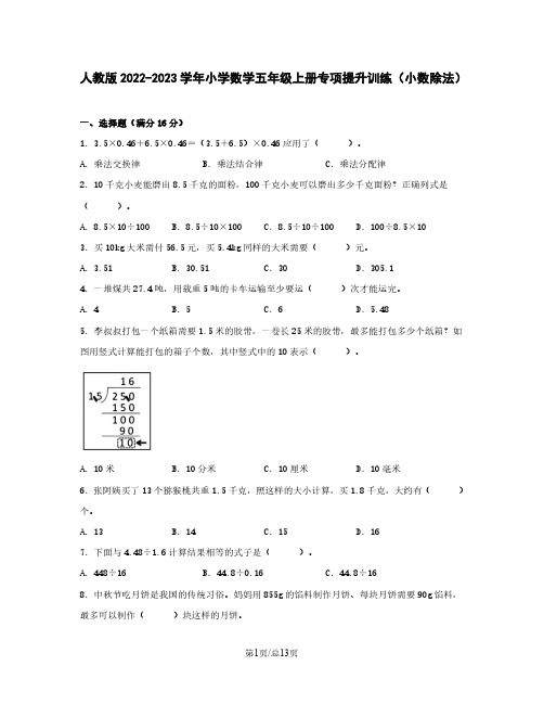 人教版2022-2023学年小学数学五年级上册专项提升训练(小数除法)含解析