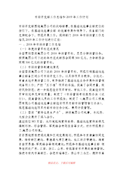 (精品)市场开发部工作总结和2019年工作计划.doc
