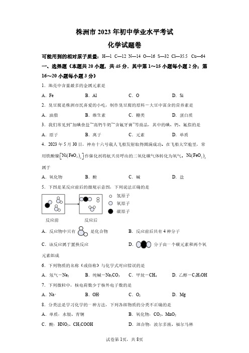 2023年湖南株洲市中考化学试卷真题及答案解析(精校版)