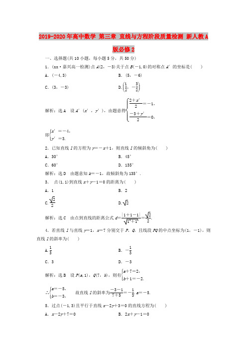 2019-2020年高中数学 第三章 直线与方程阶段质量检测 新人教A版必修2