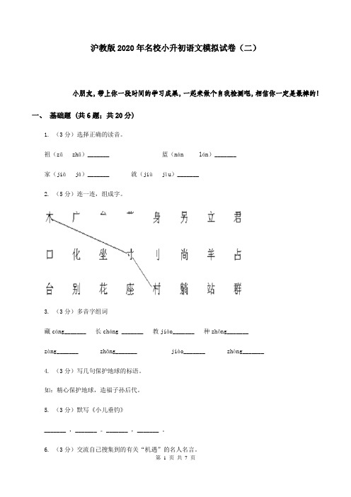 沪教版2020年名校小升初语文模拟试卷(二)