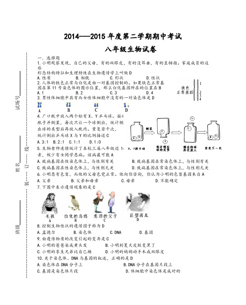 2014-2015学年下学期八年级下册生物期中试题及答案