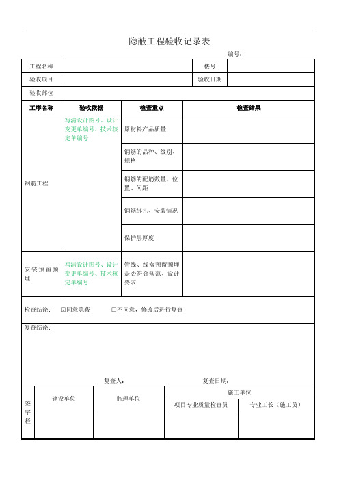 隐蔽工程验收记录表(钢筋、安装)
