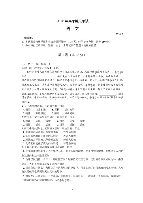 潍坊市2016年3月高考模拟考试语文试题(印刷稿)