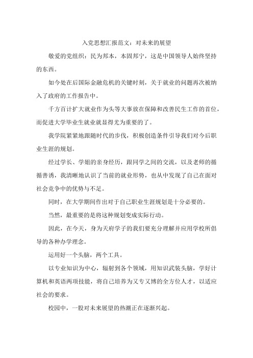 入党思想汇报范文：对未来的展望-作文
