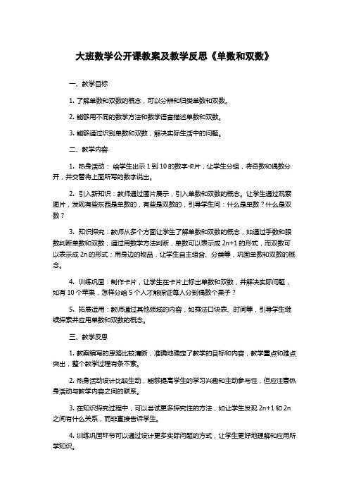 大班数学公开课教案及教学反思《单数和双数》