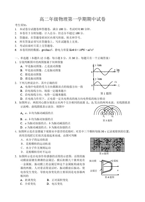 高二年级物理第一学期期中试卷(附答案)