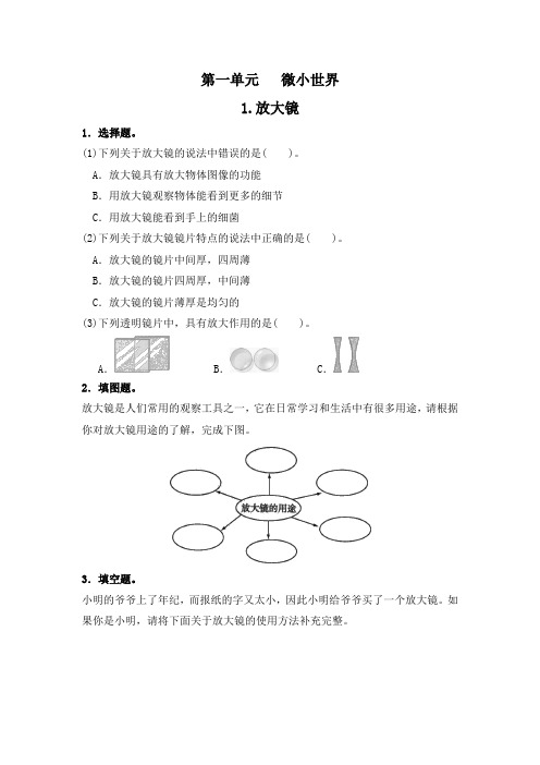 六年级下册科学同步练习-1放大镜∣教科版