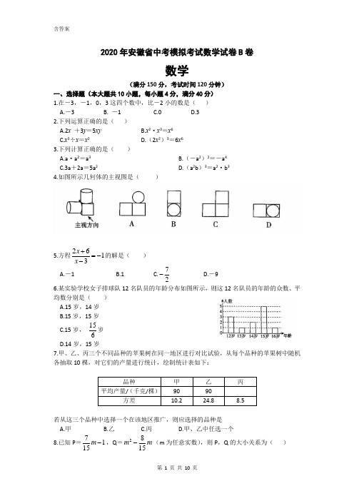2020年安徽省中考模拟考试数学试卷B卷及答案