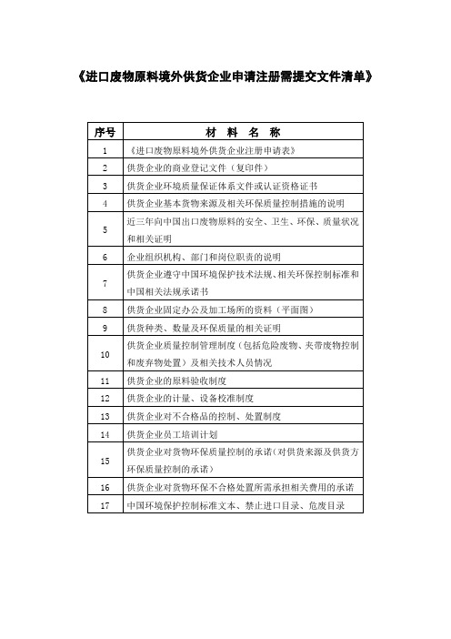 《进口废物原料境外供货企业申请注册需提交文件清单》