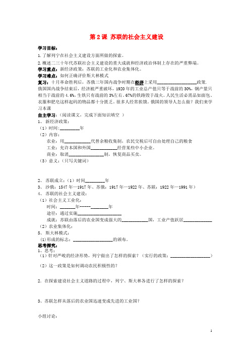 九年级历史下册 第2课 苏联的社会主义建设学案(无答案) 岳麓版