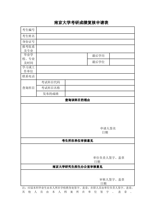 南京大学考研成绩复核申请表