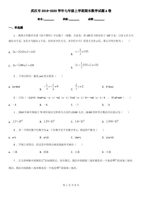 武汉市2019-2020学年七年级上学期期末数学试题A卷