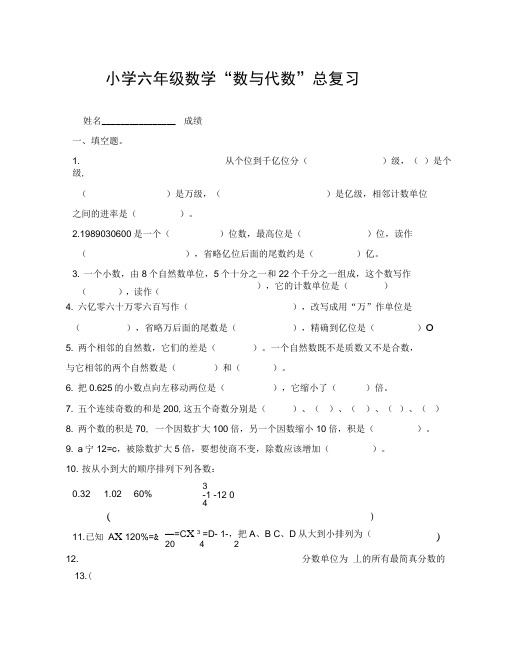 小学六年级数学“数与代数”总复习题(通用)