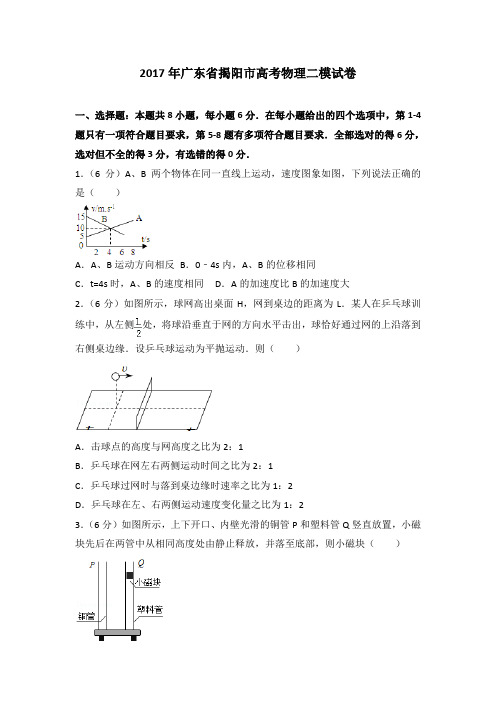 2017年广东省揭阳市高考物理二模试卷