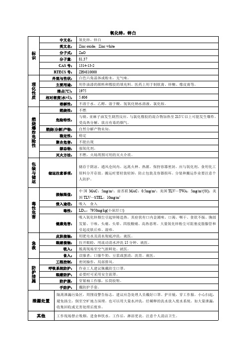 氧化锌(锌白)化学品安全技术说明书MSDS