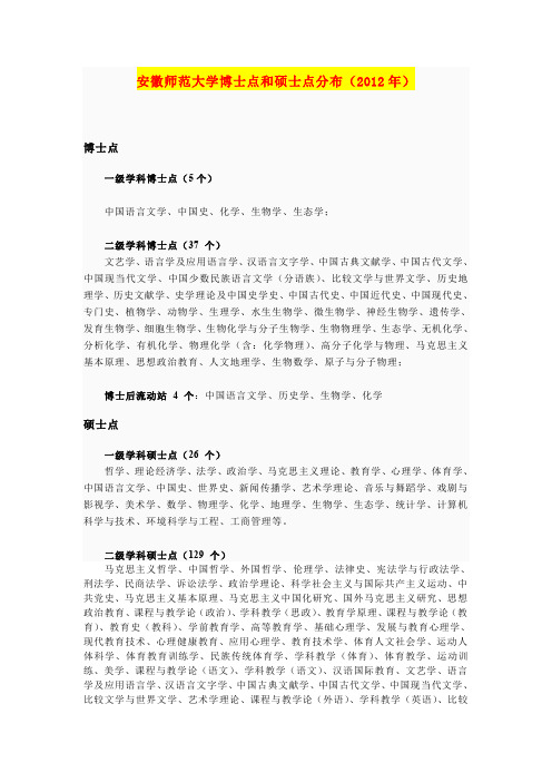 安徽师范大学博士点和硕士点分布(2012年)