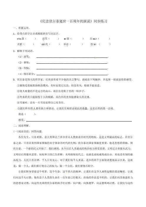 人教版语文九年级上册同步练习第6课 纪念伏尔泰逝世一百周年的演说