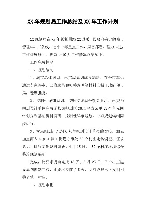 XX年规划局工作总结及XX年工作计划