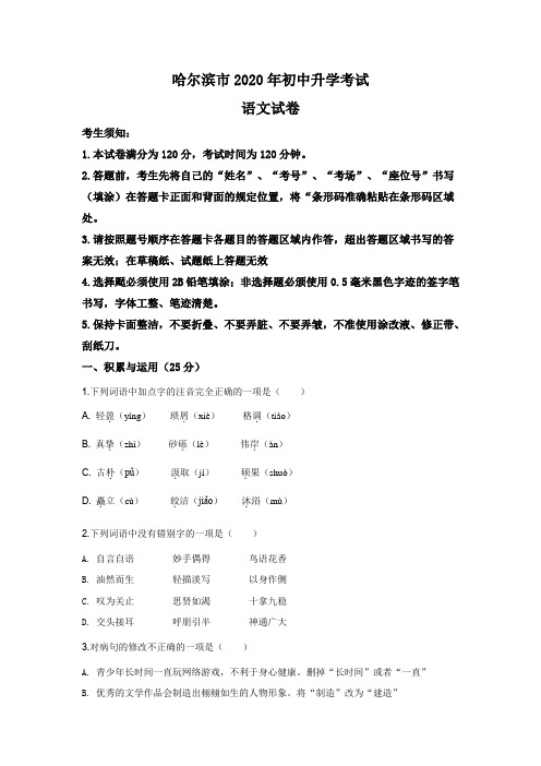 黑龙江省哈尔滨市2020年中考语文试 题(原卷版)