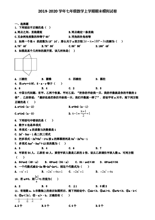 《10份合集》天津市大港区2020届数学七年级上学期期末考试试题