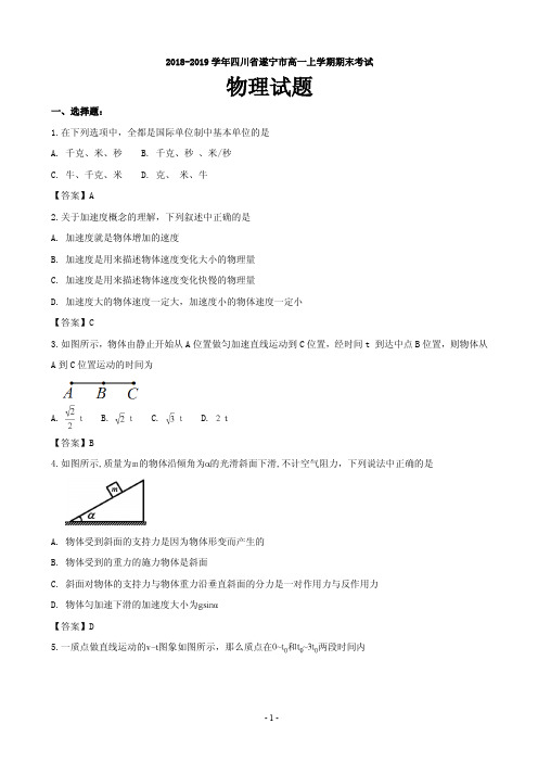 2018-2019学年四川省遂宁市高一上学期期末考试物理试题(PDF版)