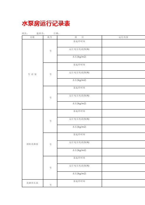 水泵房运行记录表