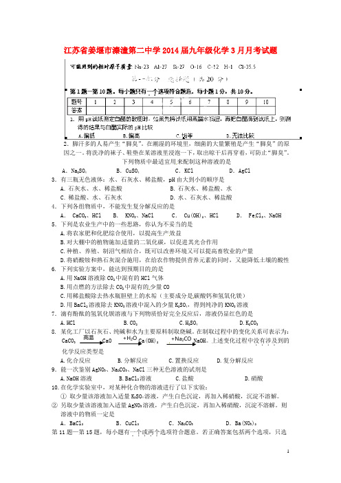 江苏省姜堰市溱潼第二中学九年级化学3月月考试题