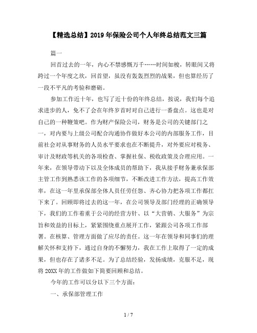 【精选总结】2019年保险公司个人年终总结范文三篇