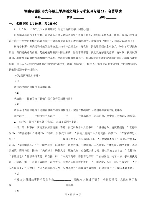 湖南省岳阳市九年级上学期语文期末专项复习专题11：名著导读